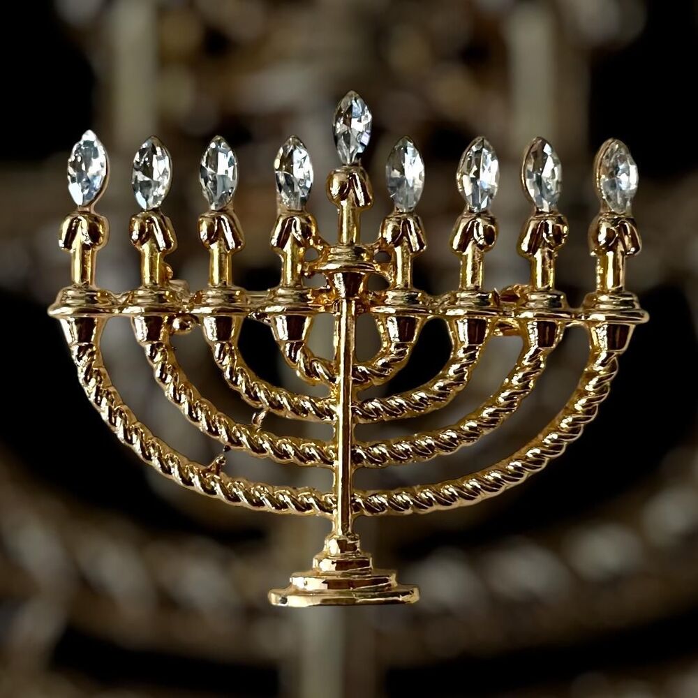 Sparkling Menorah Gold Rhinestone Brooch - Elegant Rhinestone Pin